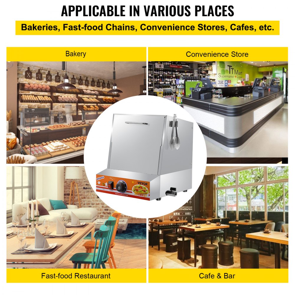 VEVOR Hot Dog Steamer, 36L/32.69Qt, Classic Hut Steamer para 96 Hot Dogs y 30 bollos, calentador de pan eléctrico con puerta abatible, ventana acrílica, placa de partición, clip para alimentos, cinta de PTFE, acero inoxidable