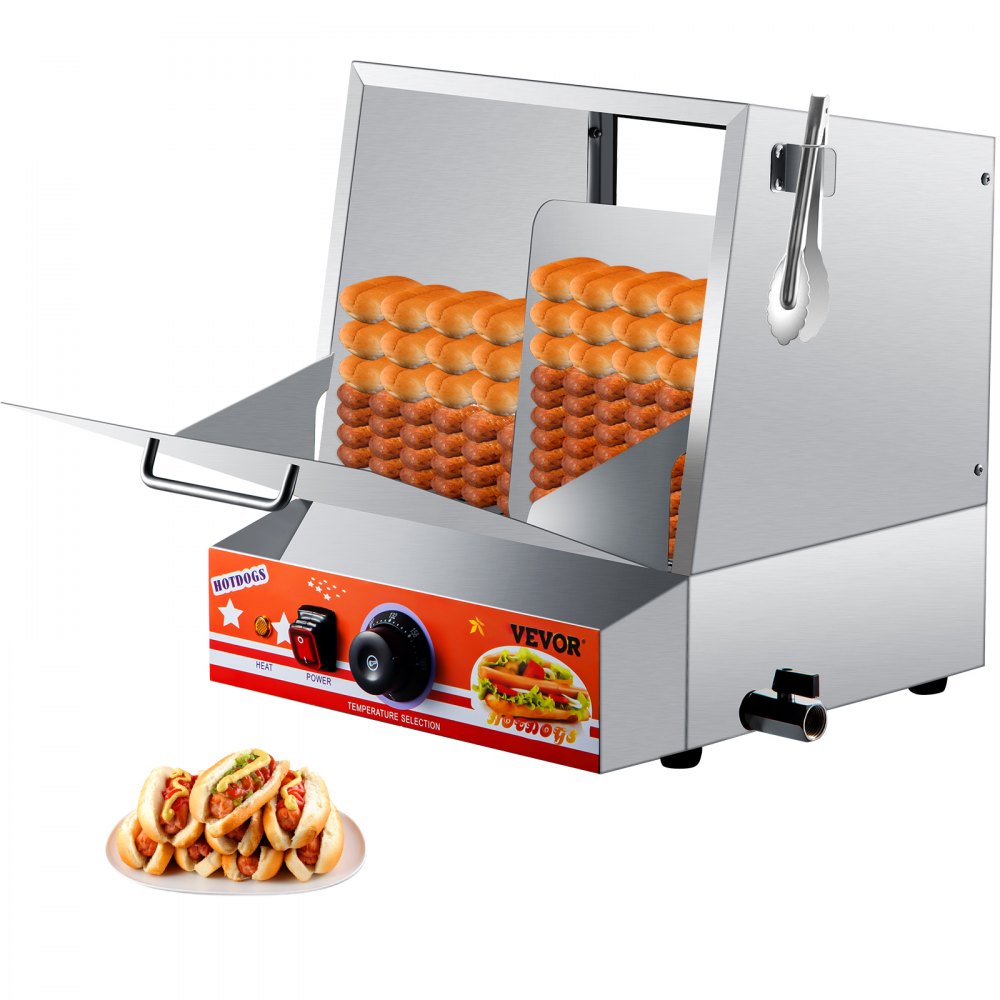 VEVOR Hot Dog Steamer, 36L/32.69Qt, Classic Hut Steamer para 96 Hot Dogs y 30 bollos, calentador de pan eléctrico con puerta abatible, ventana acrílica, placa de partición, clip para alimentos, cinta de PTFE, acero inoxidable