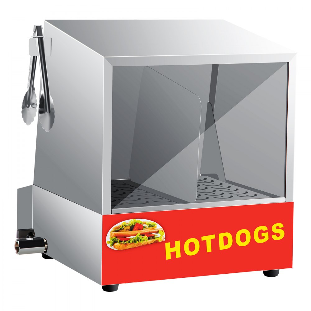 VEVOR Hot Dog Steamer, 36L/32.69Qt, Classic Hut Steamer para 96 Hot Dogs y 30 bollos, calentador de pan eléctrico con puerta abatible, ventana acrílica, placa de partición, clip para alimentos, cinta de PTFE, acero inoxidable