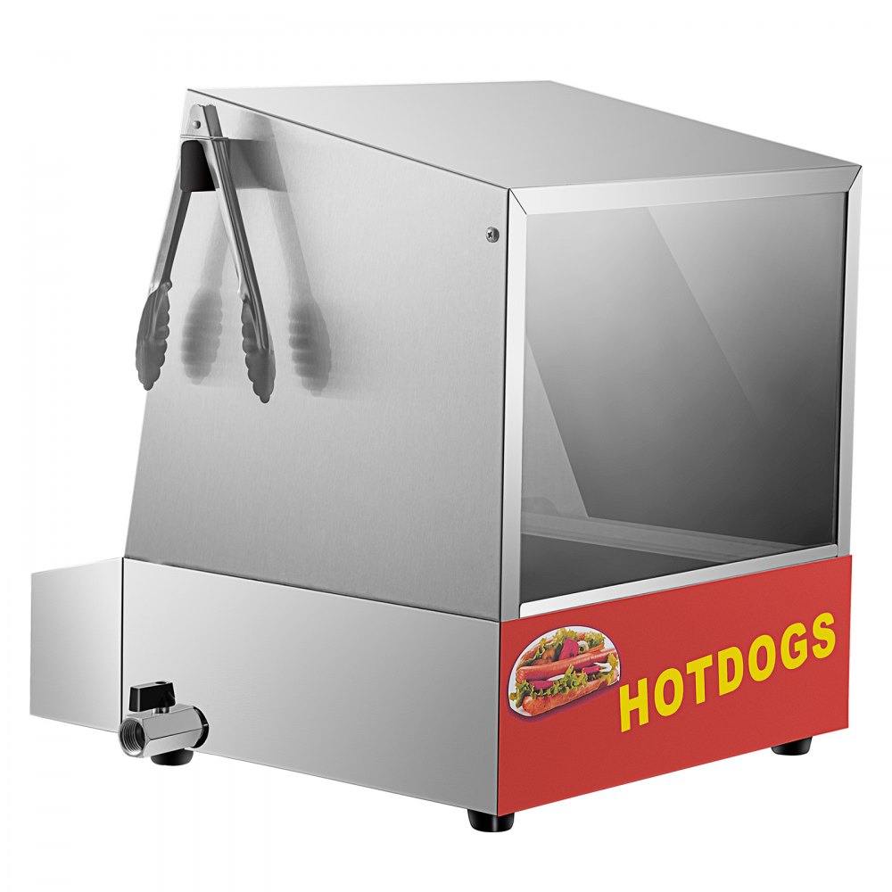VEVOR Hot Dog Steamer, 36L/32.69Qt, Classic Hut Steamer para 96 Hot Dogs y 30 bollos, calentador de pan eléctrico con puerta abatible, ventana acrílica, placa de partición, clip para alimentos, cinta de PTFE, acero inoxidable