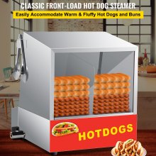 VEVOR Hot Dog Steamer, 36L/32.69Qt, Classic Hut Steamer para 96 Hot Dogs y 30 bollos, calentador de pan eléctrico con puerta abatible, ventana acrílica, placa de partición, clip para alimentos, cinta de PTFE, acero inoxidable