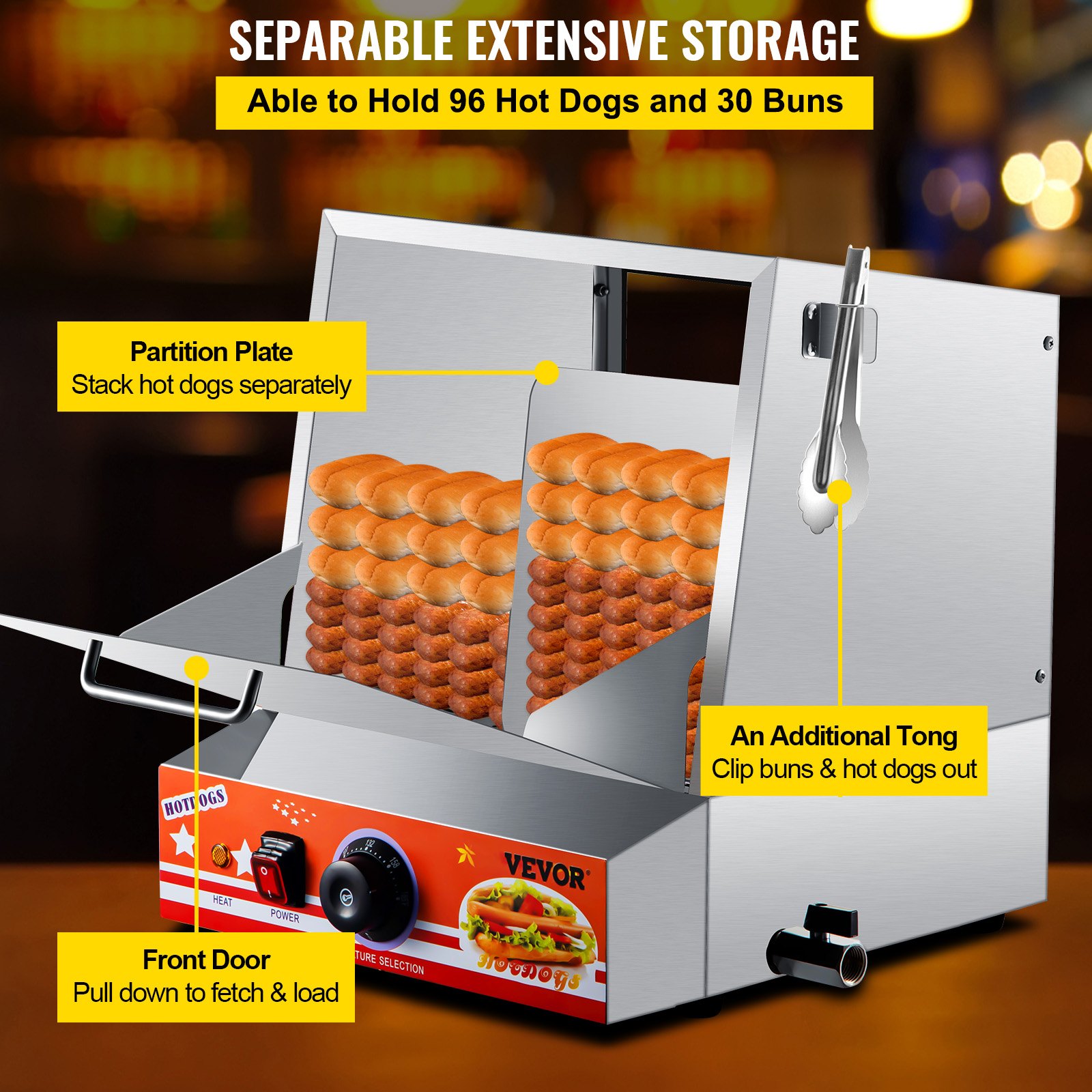 VEVOR Hot Dog Steamer, 36L/32.69Qt, Classic Hut Steamer para 96 Hot Dogs y 30 bollos, calentador de pan eléctrico con puerta abatible, ventana acrílica, placa de partición, clip para alimentos, cinta de PTFE, acero inoxidable