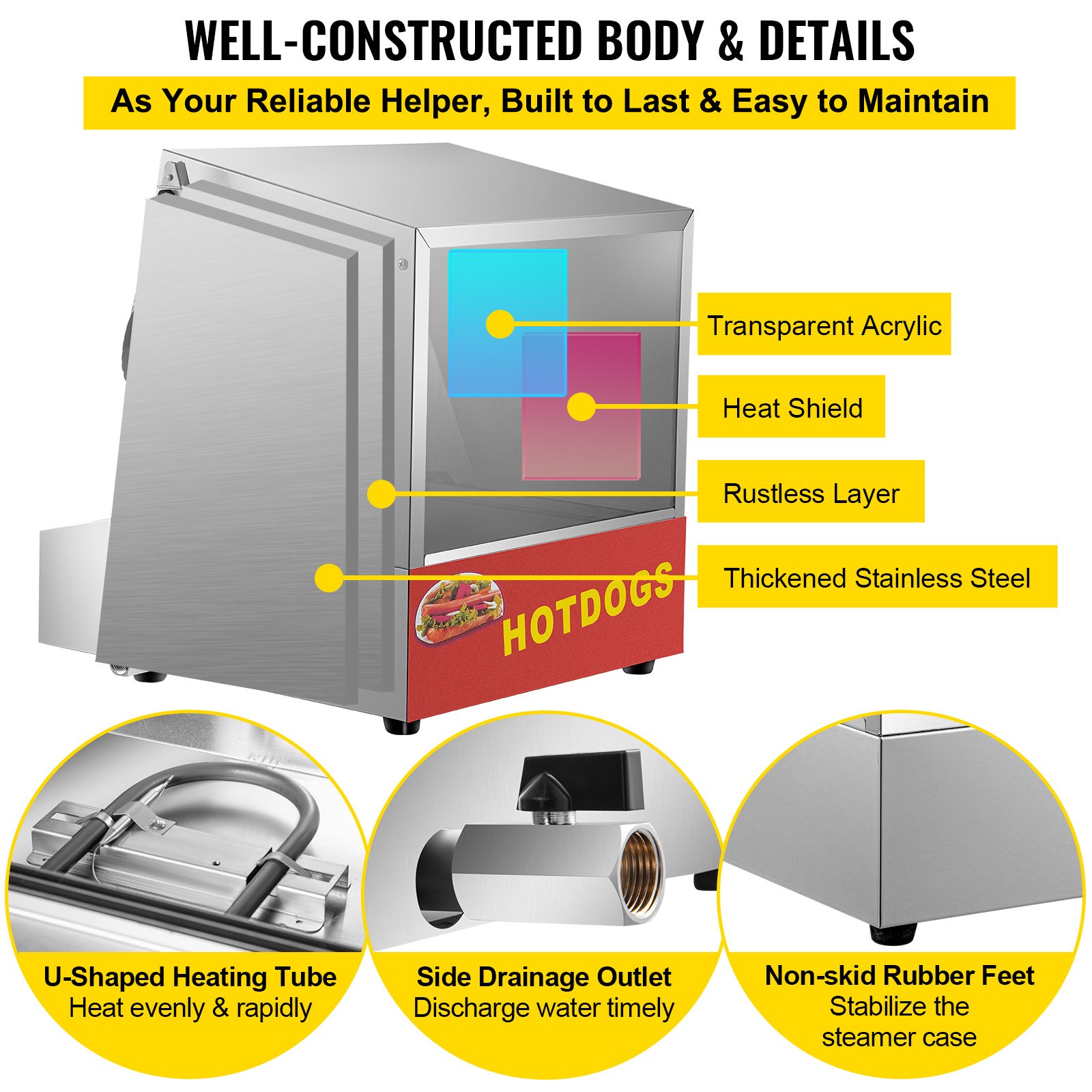 VEVOR Hot Dog Steamer, 36L/32.69Qt, Classic Hut Steamer para 96 Hot Dogs y 30 bollos, calentador de pan eléctrico con puerta abatible, ventana acrílica, placa de partición, clip para alimentos, cinta de PTFE, acero inoxidable