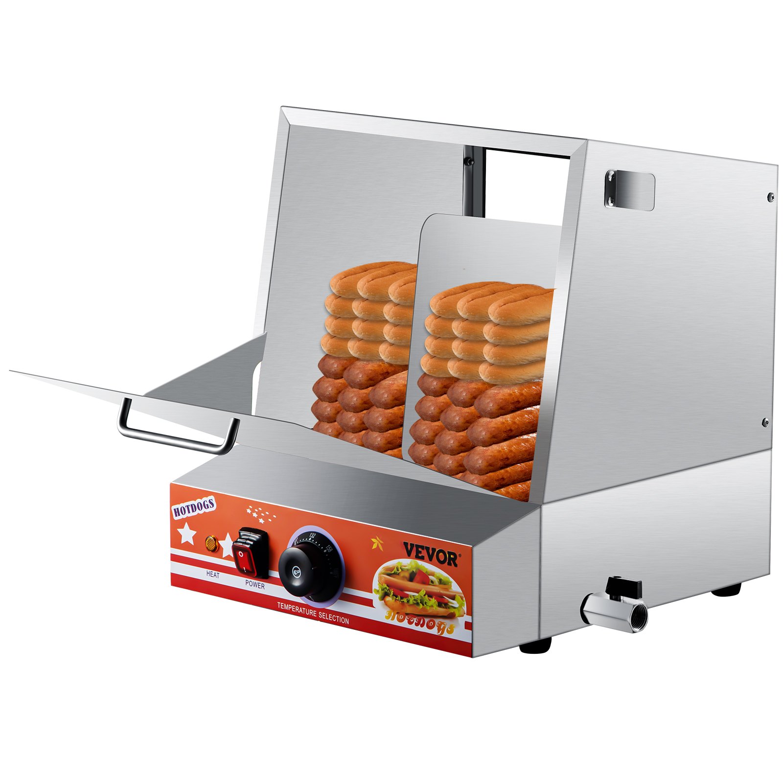 VEVOR Hot Dog Steamer, 36L/32.69Qt, Classic Hut Steamer para 96 Hot Dogs y 30 bollos, calentador de pan eléctrico con puerta abatible, ventana acrílica, placa de partición, clip para alimentos, cinta de PTFE, acero inoxidable