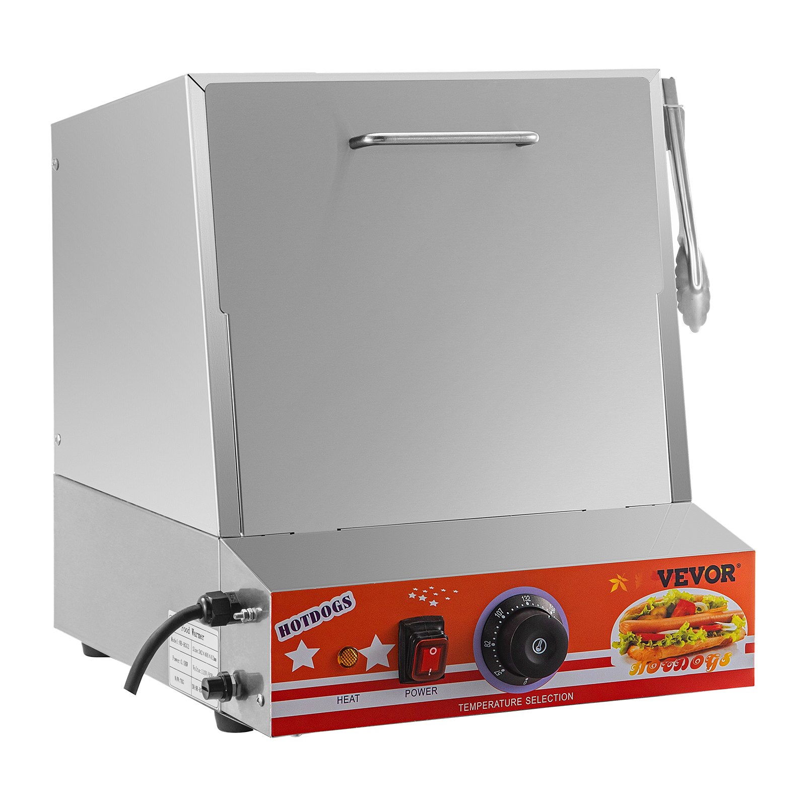 VEVOR Hot Dog Steamer, 36L/32.69Qt, Classic Hut Steamer para 96 Hot Dogs y 30 bollos, calentador de pan eléctrico con puerta abatible, ventana acrílica, placa de partición, clip para alimentos, cinta de PTFE, acero inoxidable
