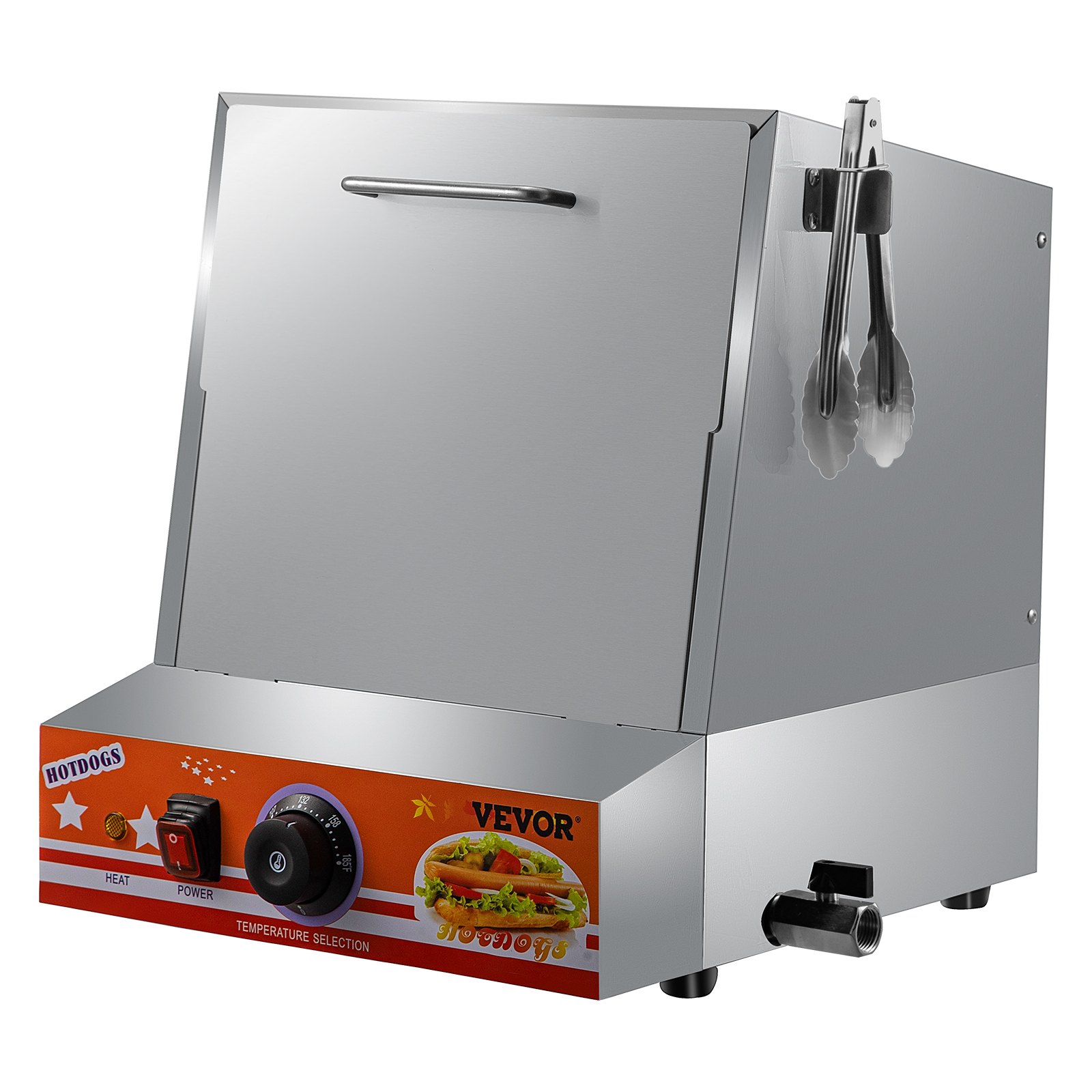VEVOR Hot Dog Steamer, 36L/32.69Qt, Classic Hut Steamer para 96 Hot Dogs y 30 bollos, calentador de pan eléctrico con puerta abatible, ventana acrílica, placa de partición, clip para alimentos, cinta de PTFE, acero inoxidable