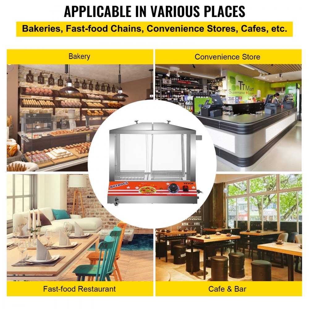 VEVOR Hot Dog Steamer, 36L/32.69Qt, carga superior Hut Steamer para 100 Hot Dogs y 48 bollos, calentador de pan eléctrico con ventanas acrílicas, estantes de placa de partición, clip de alimentos, cinta de PTFE, acero inoxidable