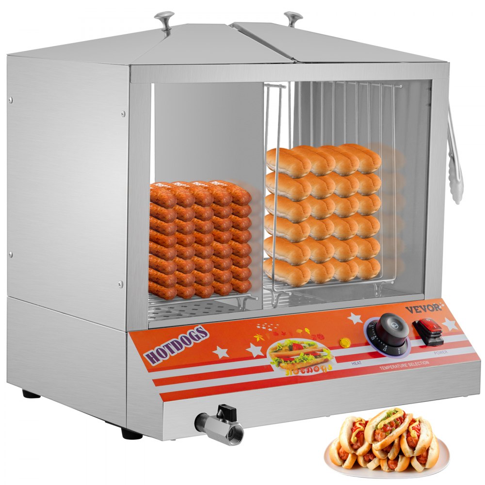 VEVOR Hot Dog Steamer, 36L/32.69Qt, carga superior Hut Steamer para 100 Hot Dogs y 48 bollos, calentador de pan eléctrico con ventanas acrílicas, estantes de placa de partición, clip de alimentos, cinta de PTFE, acero inoxidable