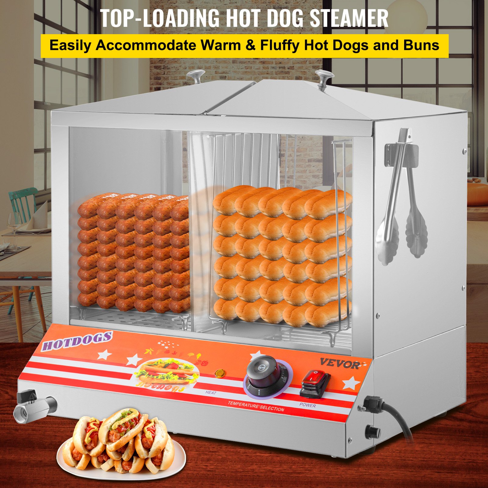 VEVOR Hot Dog Steamer, 36L/32.69Qt, carga superior Hut Steamer para 100 Hot Dogs y 48 bollos, calentador de pan eléctrico con ventanas acrílicas, estantes de placa de partición, clip de alimentos, cinta de PTFE, acero inoxidable