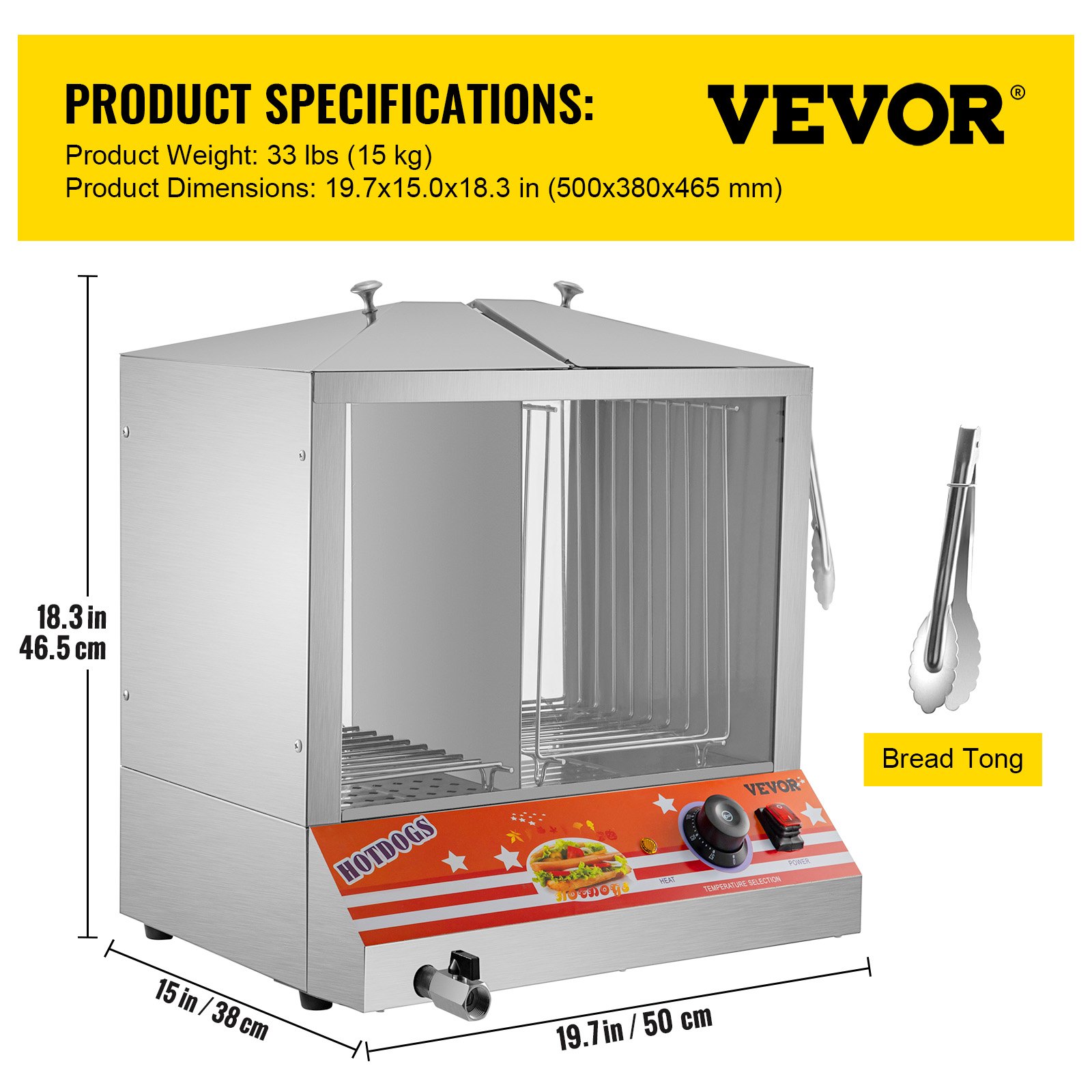 VEVOR Hot Dog Steamer, 36L/32.69Qt, carga superior Hut Steamer para 100 Hot Dogs y 48 bollos, calentador de pan eléctrico con ventanas acrílicas, estantes de placa de partición, clip de alimentos, cinta de PTFE, acero inoxidable