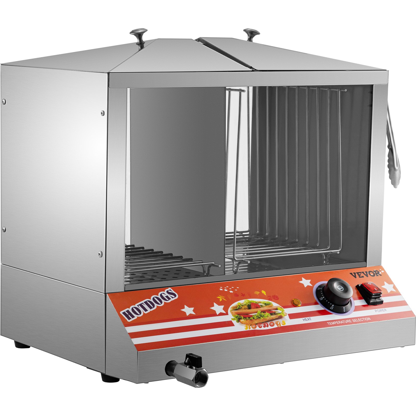 VEVOR Hot Dog Steamer, 36L/32.69Qt, carga superior Hut Steamer para 100 Hot Dogs y 48 bollos, calentador de pan eléctrico con ventanas acrílicas, estantes de placa de partición, clip de alimentos, cinta de PTFE, acero inoxidable