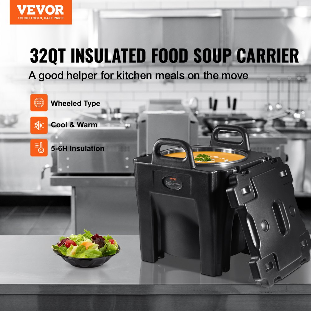 Transportador de alimentos isotérmico VEVOR, capacidad de 32 cuartos, caja térmica apilable para catering con barril de acero inoxidable, calentador de alimentos de carga superior de LLDPE con asas integradas, hebillas y base fija, para comedores de restaurantes, B