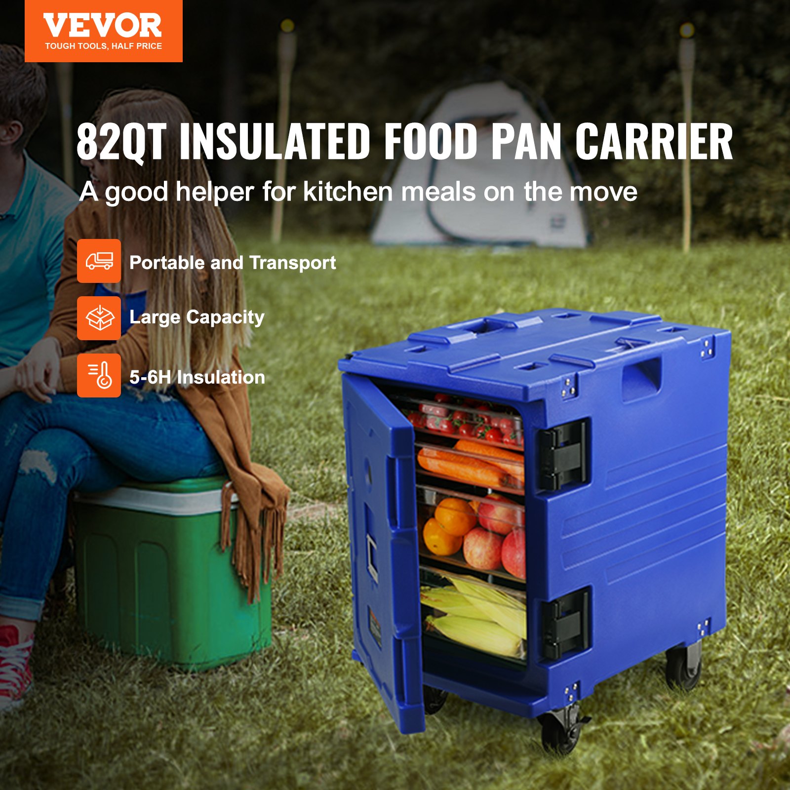 VEVOR Porta bandejas para alimentos aislado, caja caliente de 82 cuartos para catering, porta cajas de alimentos LLDPE con hebilla de una pieza, calentador de alimentos de carga frontal con asas, cargador final con ruedas para restaurante, cantina, etc.