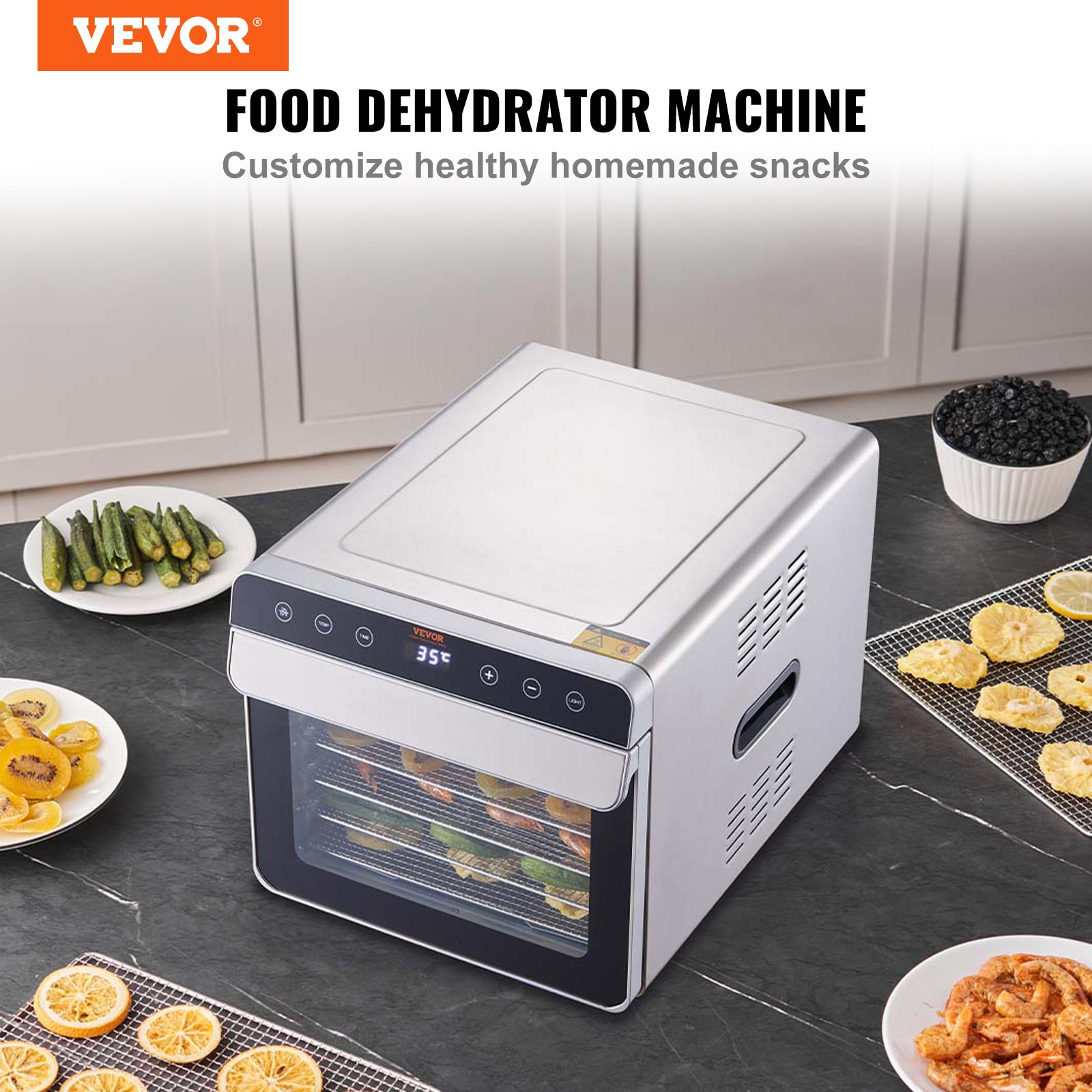 VEVOR Máquina deshidratadora de alimentos, deshidratador eléctrico de alimentos de 700 W con temporizador digital y control de temperatura, 6 bandejas de acero inoxidable, secadora deshidratada de alimentos para cecina, hierbas, carne, carne de res, fruta, lista ETL