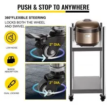 Soporte para calentador de arroz VEVOR de 14 x 14 pulgadas, soporte para equipo de restaurante, soporte para calentador de sushi de acero inoxidable, soporte para equipo de cocina comercial de dos estantes, calentador de arroz comercial con ruedas y dos frenos