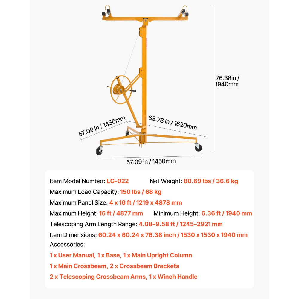 Elevador de paneles de yeso VEVOR de 16 pies, elevador de paneles de yeso de alta resistencia de 150 libras con brazo telescópico ajustable, ruedas bloqueables, herramientas de elevación de paneles de yeso, ideal para instalación en techos y paredes (amarillo)