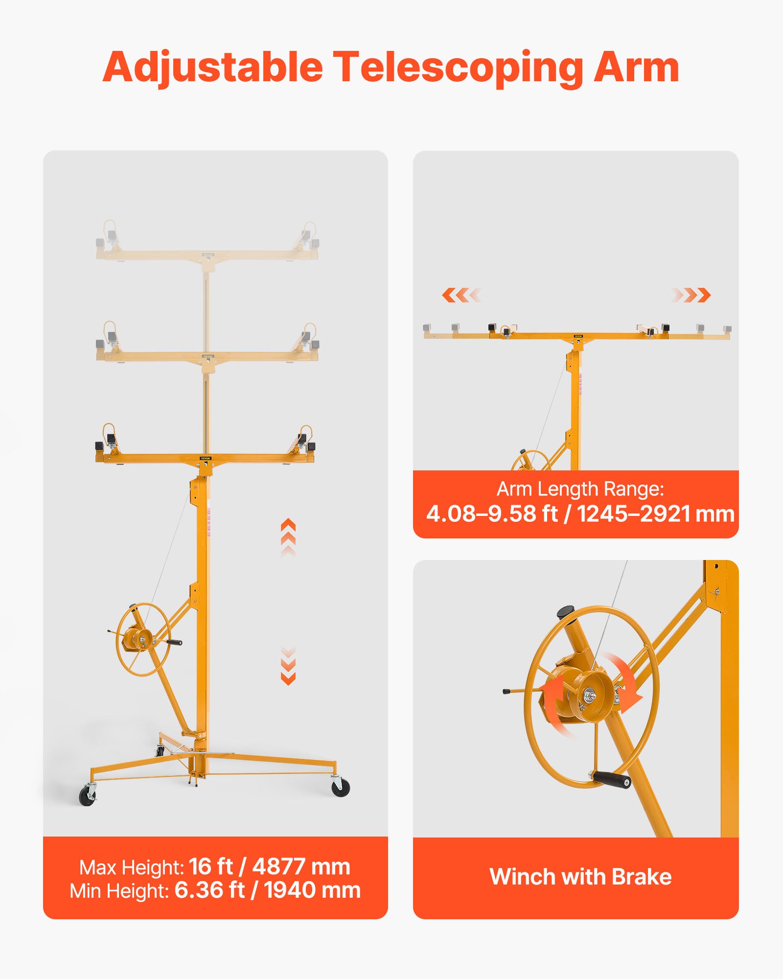 Elevador de paneles de yeso VEVOR de 16 pies, elevador de paneles de yeso de alta resistencia de 150 libras con brazo telescópico ajustable, ruedas bloqueables, herramientas de elevación de paneles de yeso, ideal para instalación en techos y paredes (amarillo)