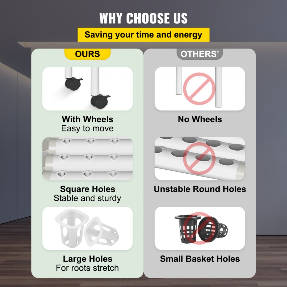 Sistema de cultivo hidropónico VEVOR, 90 sitios, 10 tubos de PVC-U de grado alimenticio, kit de plantación interior de 3 capas con bomba de agua, temporizador, cesta nido, esponja, para frutas, verduras, hierbas, blanco