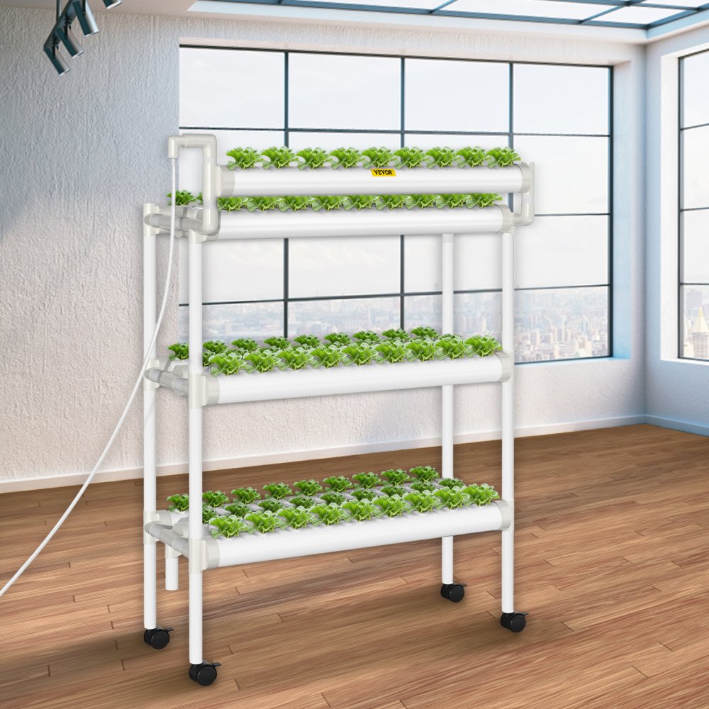 Sistema de cultivo hidropónico VEVOR, 90 sitios, 10 tubos de PVC-U de grado alimenticio, kit de plantación interior de 3 capas con bomba de agua, temporizador, cesta nido, esponja, para frutas, verduras, hierbas, blanco