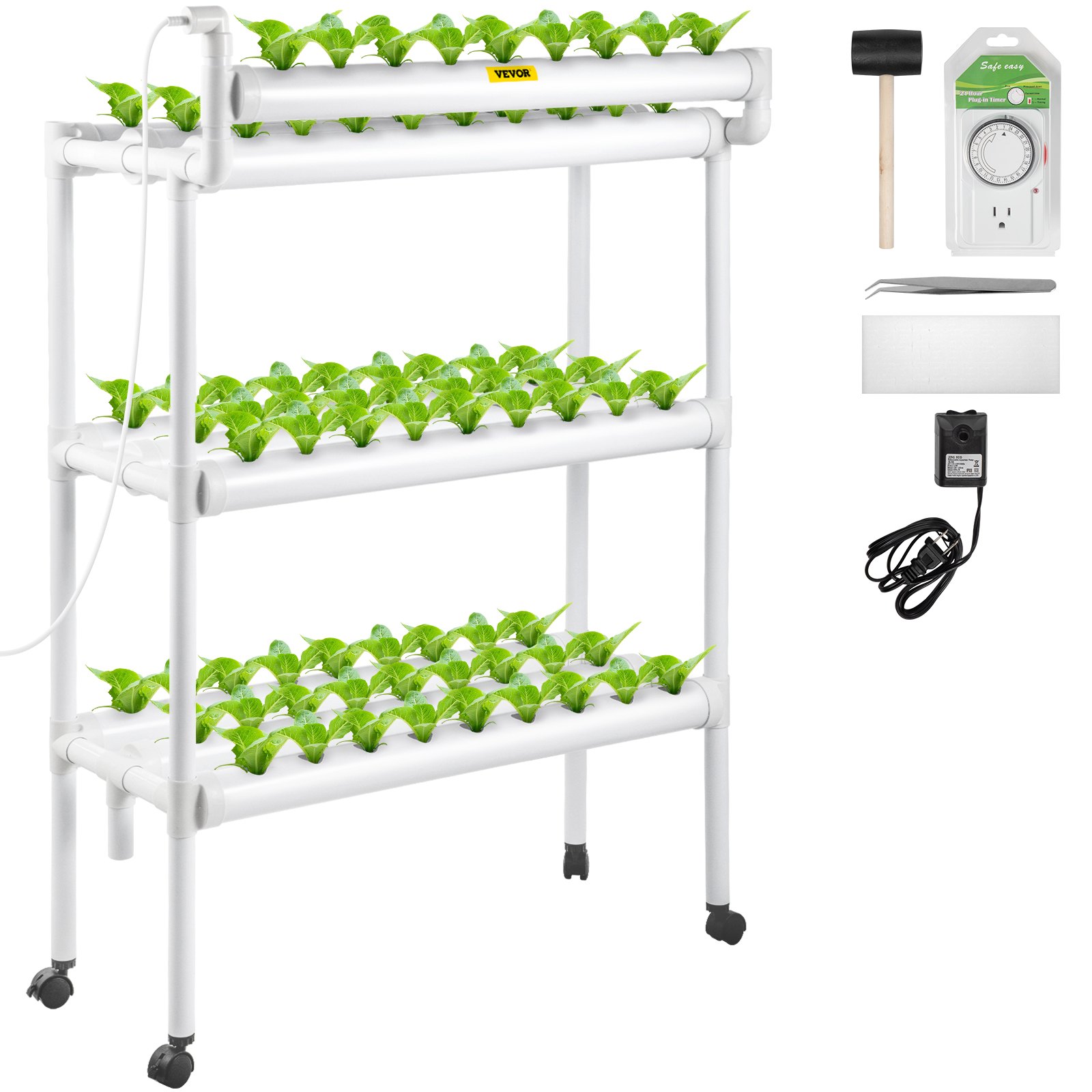 Sistema de cultivo hidropónico VEVOR, 90 sitios, 10 tubos de PVC-U de grado alimenticio, kit de plantación interior de 3 capas con bomba de agua, temporizador, cesta nido, esponja, para frutas, verduras, hierbas, blanco