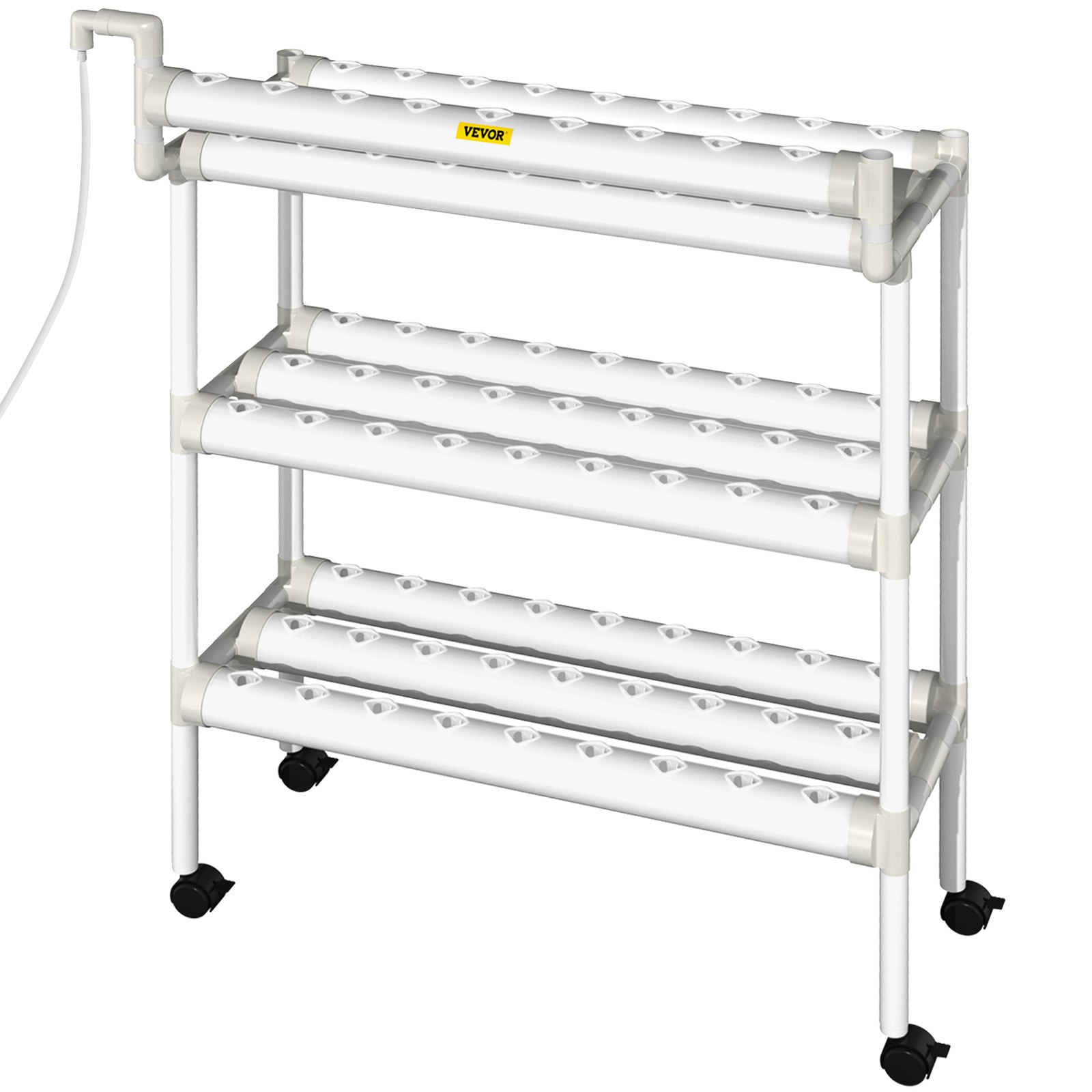 Sistema de cultivo hidropónico VEVOR, 90 sitios, 10 tubos de PVC-U de grado alimenticio, kit de plantación interior de 3 capas con bomba de agua, temporizador, cesta nido, esponja, para frutas, verduras, hierbas, blanco