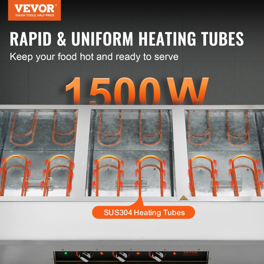 VEVOR Calentador de Alimentos Comercial de 3 Sartenes de Catering de Bufé Profesional de 1500 W, Mesa de Vapor Eléctrica, con 4 Ruedas(2 Bloqueables), para Restaurantes de Fiestas, 1150 x 750 x 850 mm