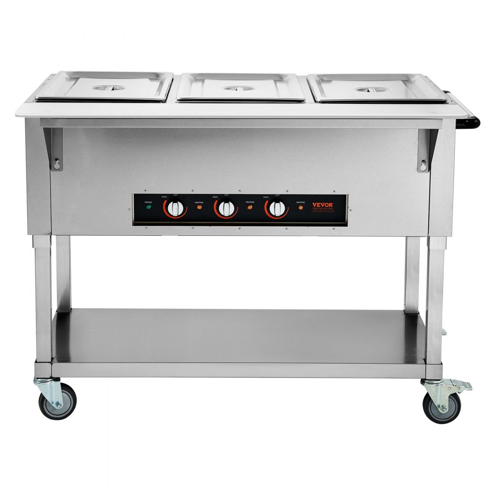VEVOR Calentador de Alimentos Comercial de 3 Sartenes de Catering de Bufé Profesional de 1500 W, Mesa de Vapor Eléctrica, con 4 Ruedas(2 Bloqueables), para Restaurantes de Fiestas, 1150 x 750 x 850 mm