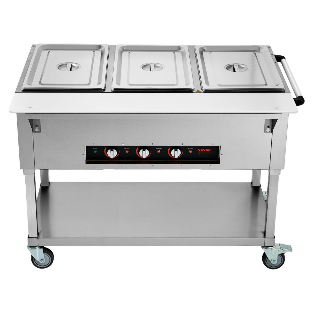 VEVOR Calentador de Alimentos Comercial de 3 Sartenes de Catering de Bufé Profesional de 1500 W, Mesa de Vapor Eléctrica, con 4 Ruedas(2 Bloqueables), para Restaurantes de Fiestas, 1150 x 750 x 850 mm