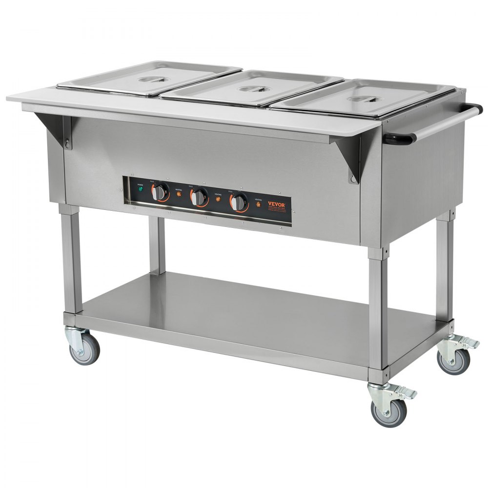 VEVOR Calentador de Alimentos Comercial de 3 Sartenes de Catering de Bufé Profesional de 1500 W, Mesa de Vapor Eléctrica, con 4 Ruedas(2 Bloqueables), para Restaurantes de Fiestas, 1150 x 750 x 850 mm