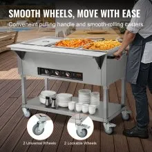 VEVOR Calentador de alimentos comercial de 3 sartenes, mesa de vapor eléctrica de 3 x 20,6 cuartos, calentador de alimentos profesional para catering buffet de 1500 W con 4 ruedas (2 con cerradura), servidor de acero inoxidable de grado alimenticio para restaurante de fiesta