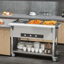 VEVOR Calentador de alimentos comercial de 3 sartenes, mesa de vapor eléctrica de 3 x 20,6 cuartos, calentador de alimentos profesional para catering buffet de 1500 W con 4 ruedas (2 con cerradura), servidor de acero inoxidable de grado alimenticio para restaurante de fiesta