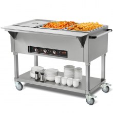 VEVOR Calentador de alimentos comercial de 3 sartenes, mesa de vapor eléctrica de 3 x 20,6 cuartos, calentador de alimentos profesional para catering buffet de 1500 W con 4 ruedas (2 con cerradura), servidor de acero inoxidable de grado alimenticio para restaurante de fiesta