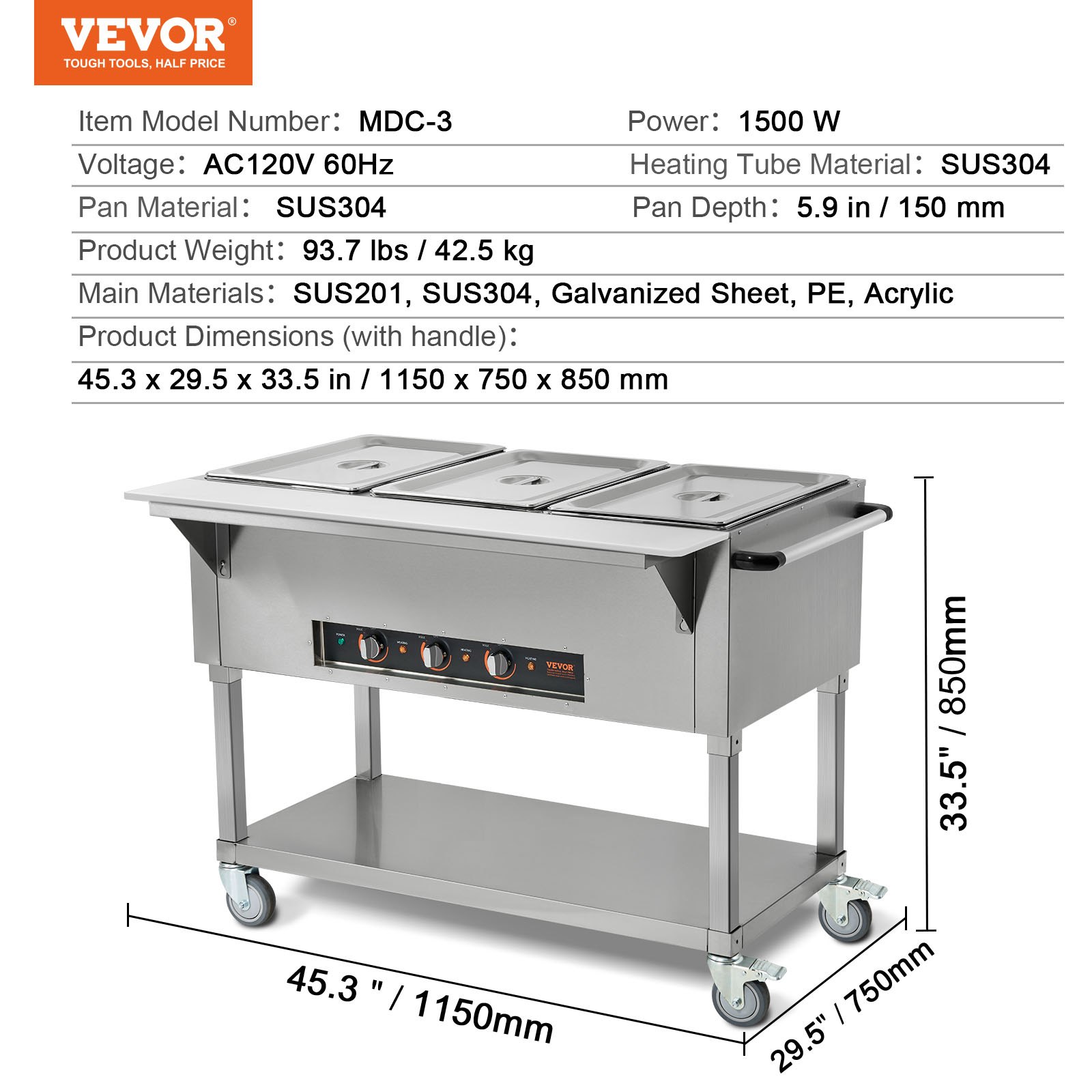VEVOR Calentador de Alimentos Comercial de 3 Sartenes de Catering de Bufé Profesional de 1500 W, Mesa de Vapor Eléctrica, con 4 Ruedas(2 Bloqueables), para Restaurantes de Fiestas, 1150 x 750 x 850 mm