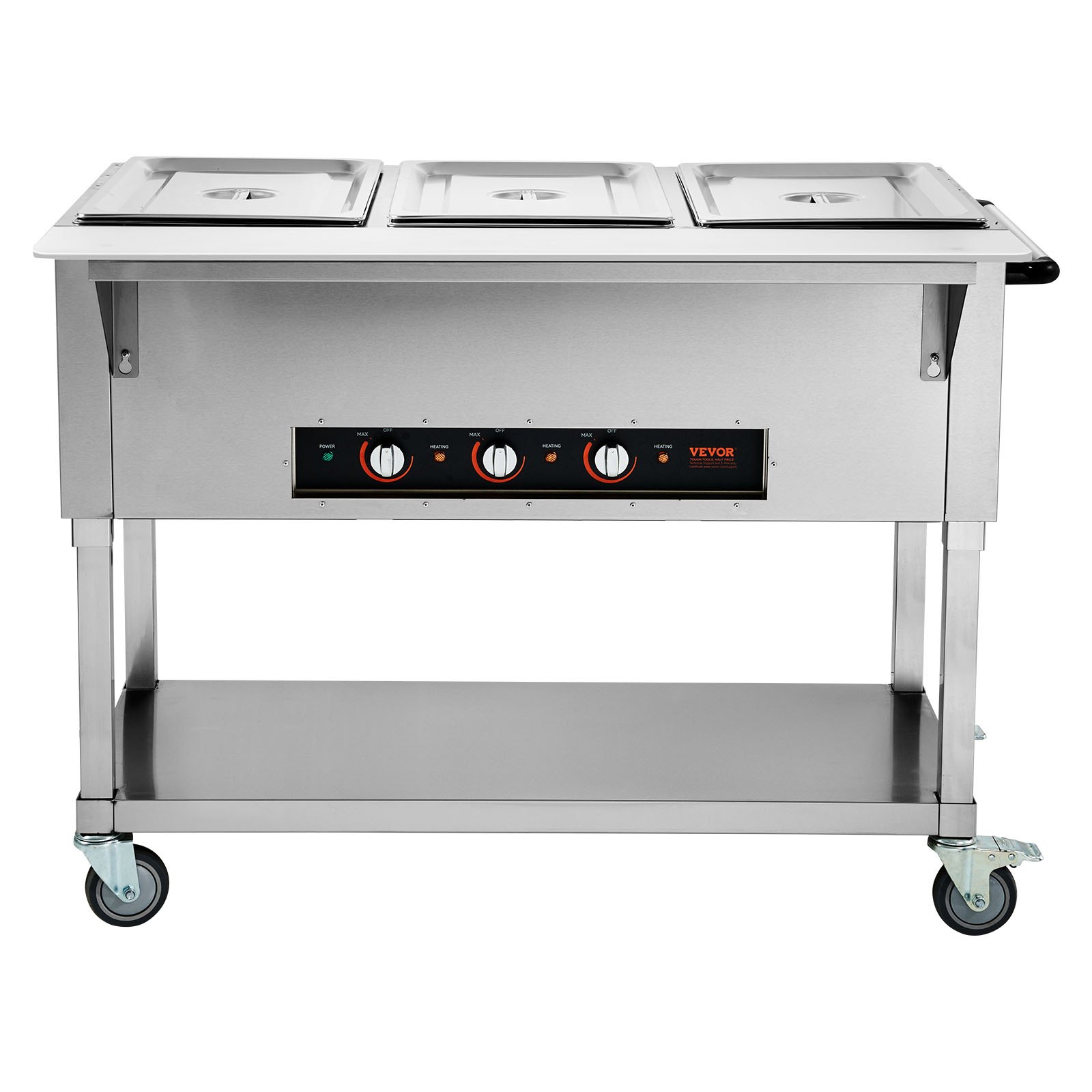 VEVOR Calentador de Alimentos Comercial de 3 Sartenes de Catering de Bufé Profesional de 1500 W, Mesa de Vapor Eléctrica, con 4 Ruedas(2 Bloqueables), para Restaurantes de Fiestas, 1150 x 750 x 850 mm