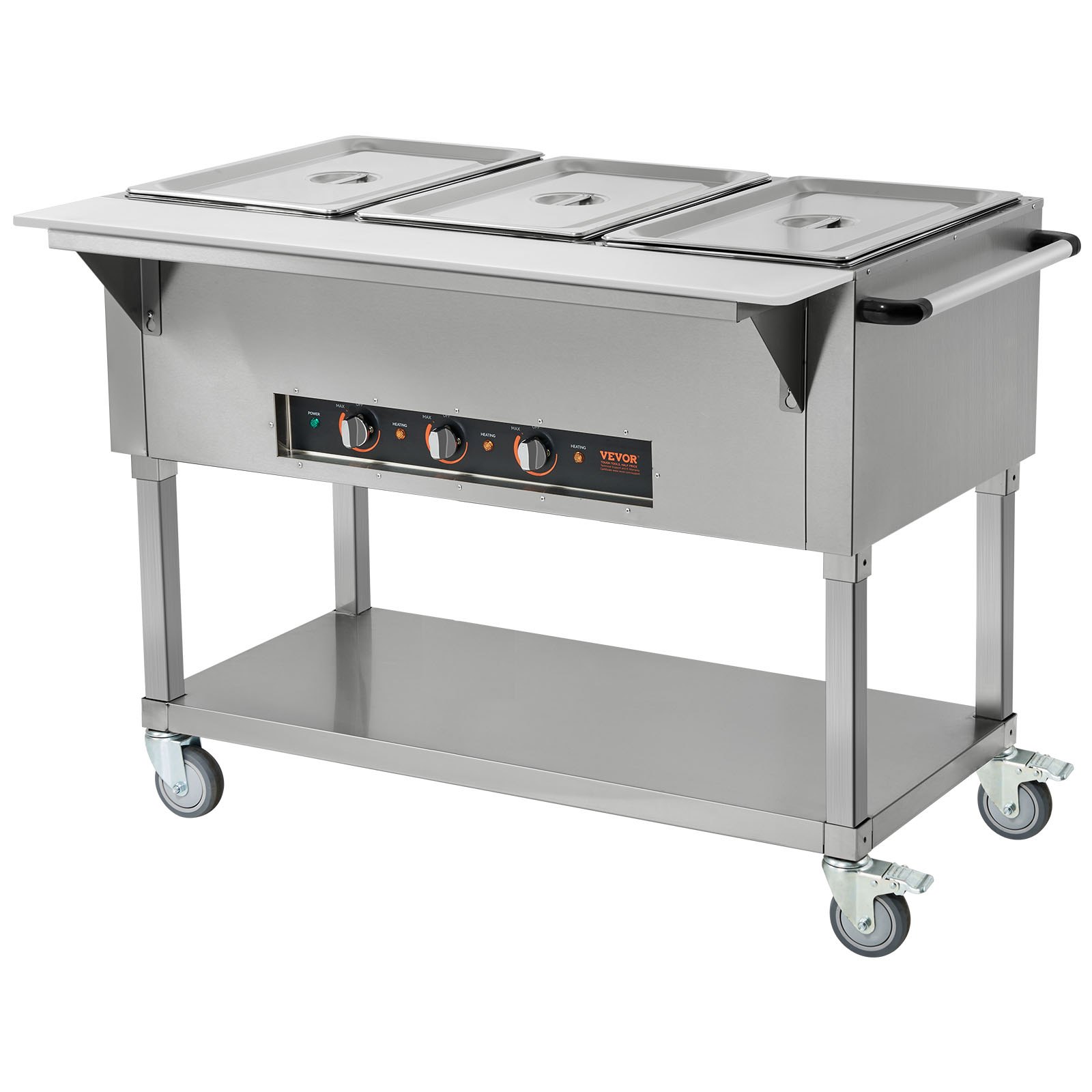 VEVOR Calentador de Alimentos Comercial de 3 Sartenes de Catering de Bufé Profesional de 1500 W, Mesa de Vapor Eléctrica, con 4 Ruedas(2 Bloqueables), para Restaurantes de Fiestas, 1150 x 750 x 850 mm