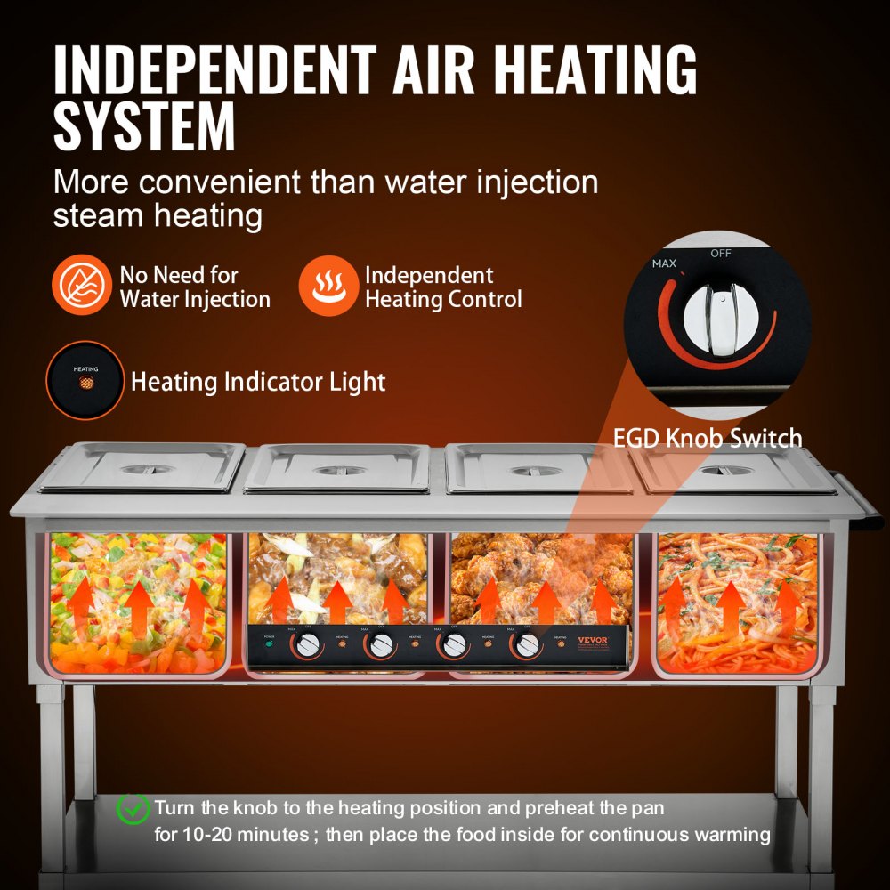 VEVOR Calentador de alimentos comercial de 4 bandejas, mesa de vapor eléctrica de 4 x 20.6 qt, calentador de alimentos profesional de 2000 W para catering y bufé con 4 ruedas (2 con cerradura), servidor de acero inoxidable de grado alimenticio para fiestas y restaurantes.