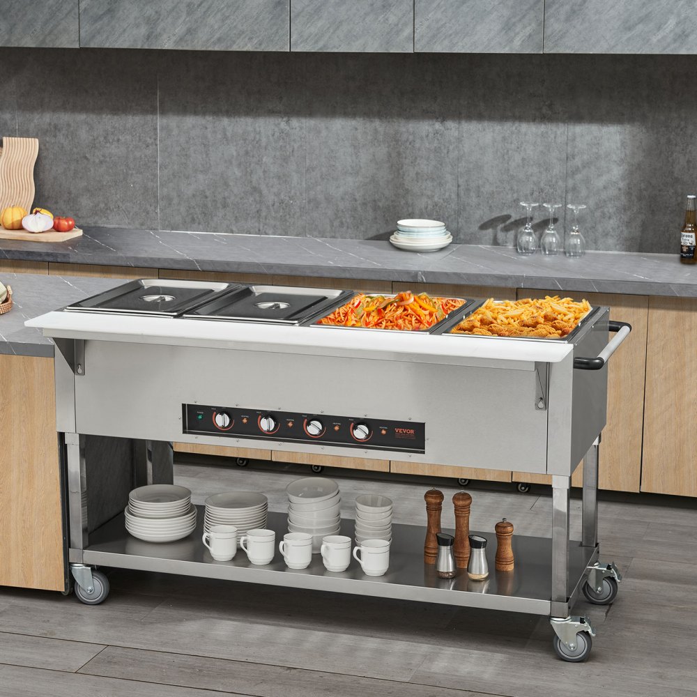 VEVOR Calentador de alimentos comercial de 4 bandejas, mesa de vapor eléctrica de 4 x 20.6 qt, calentador de alimentos profesional de 2000 W para catering y bufé con 4 ruedas (2 con cerradura), servidor de acero inoxidable de grado alimenticio para fiestas y restaurantes.