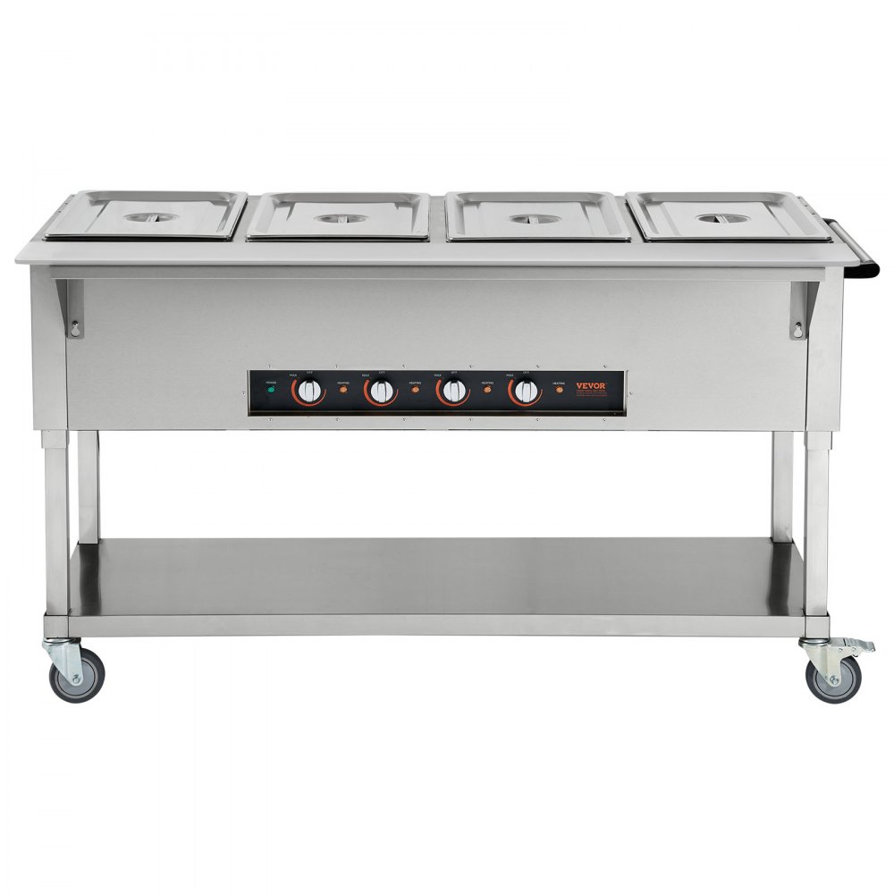 VEVOR Calentador de alimentos comercial de 4 bandejas, mesa de vapor eléctrica de 4 x 20.6 qt, calentador de alimentos profesional de 2000 W para catering y bufé con 4 ruedas (2 con cerradura), servidor de acero inoxidable de grado alimenticio para fiestas y restaurantes.