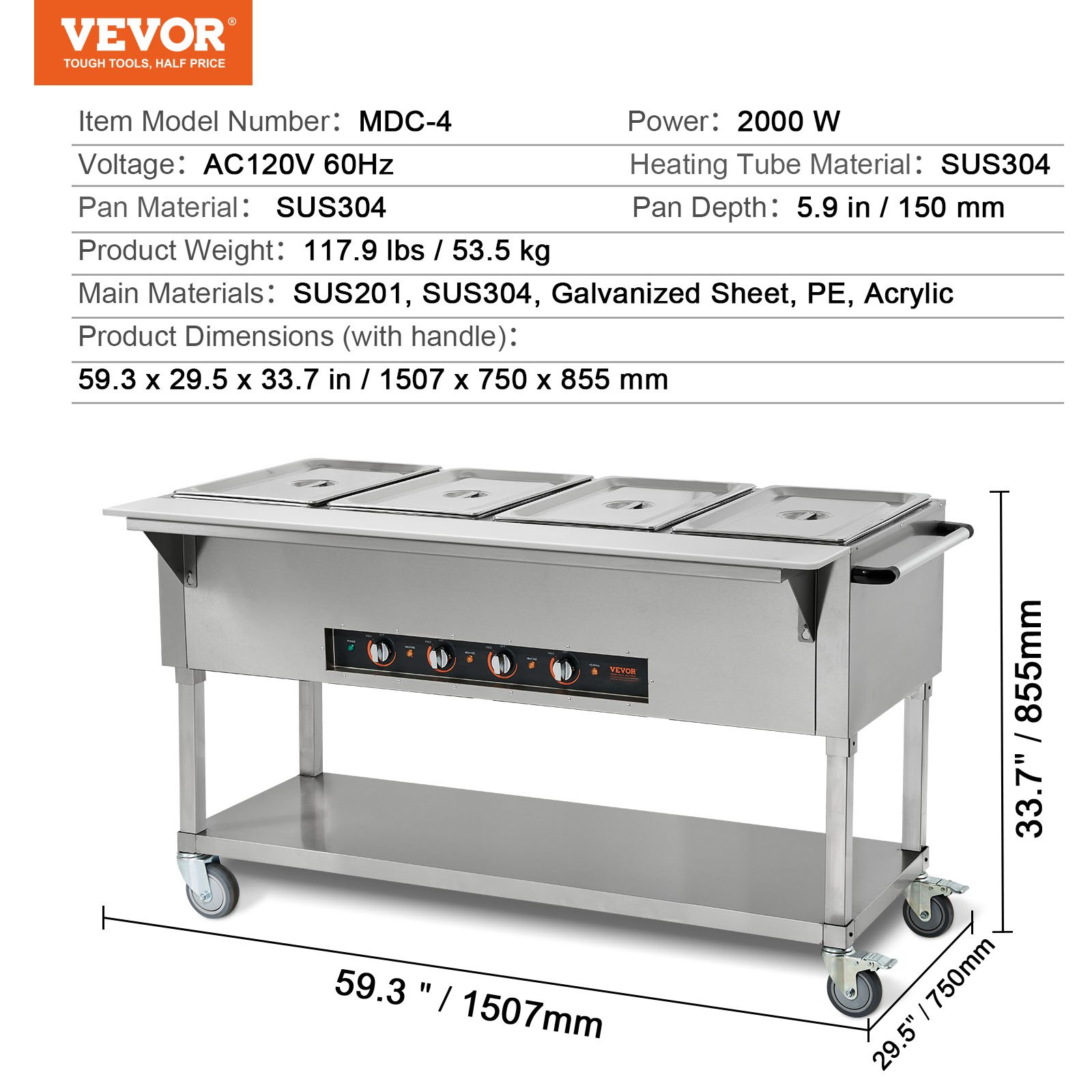VEVOR Calentador de alimentos comercial de 4 bandejas, mesa de vapor eléctrica de 4 x 20.6 qt, calentador de alimentos profesional de 2000 W para catering y bufé con 4 ruedas (2 con cerradura), servidor de acero inoxidable de grado alimenticio para fiestas y restaurantes.