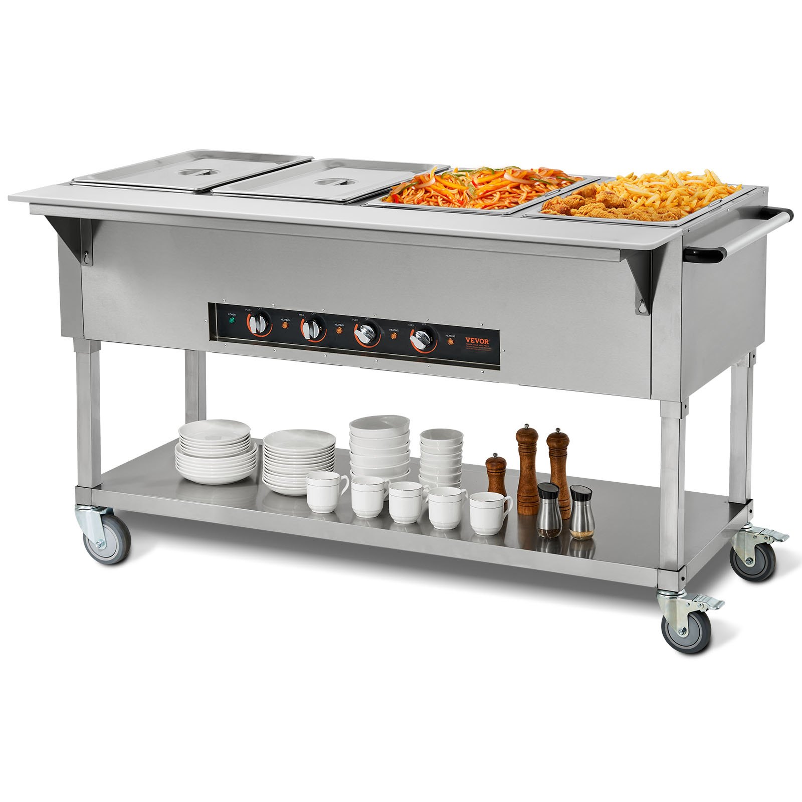 VEVOR Calentador de alimentos comercial de 4 bandejas, mesa de vapor eléctrica de 4 x 20.6 qt, calentador de alimentos profesional de 2000 W para catering y bufé con 4 ruedas (2 con cerradura), servidor de acero inoxidable de grado alimenticio para fiestas y restaurantes.