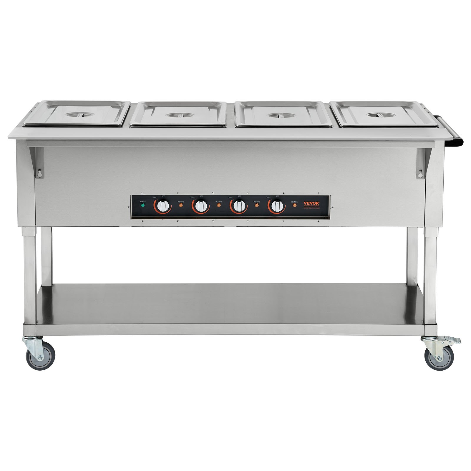 VEVOR Calentador de alimentos comercial de 4 bandejas, mesa de vapor eléctrica de 4 x 20.6 qt, calentador de alimentos profesional de 2000 W para catering y bufé con 4 ruedas (2 con cerradura), servidor de acero inoxidable de grado alimenticio para fiestas y restaurantes.