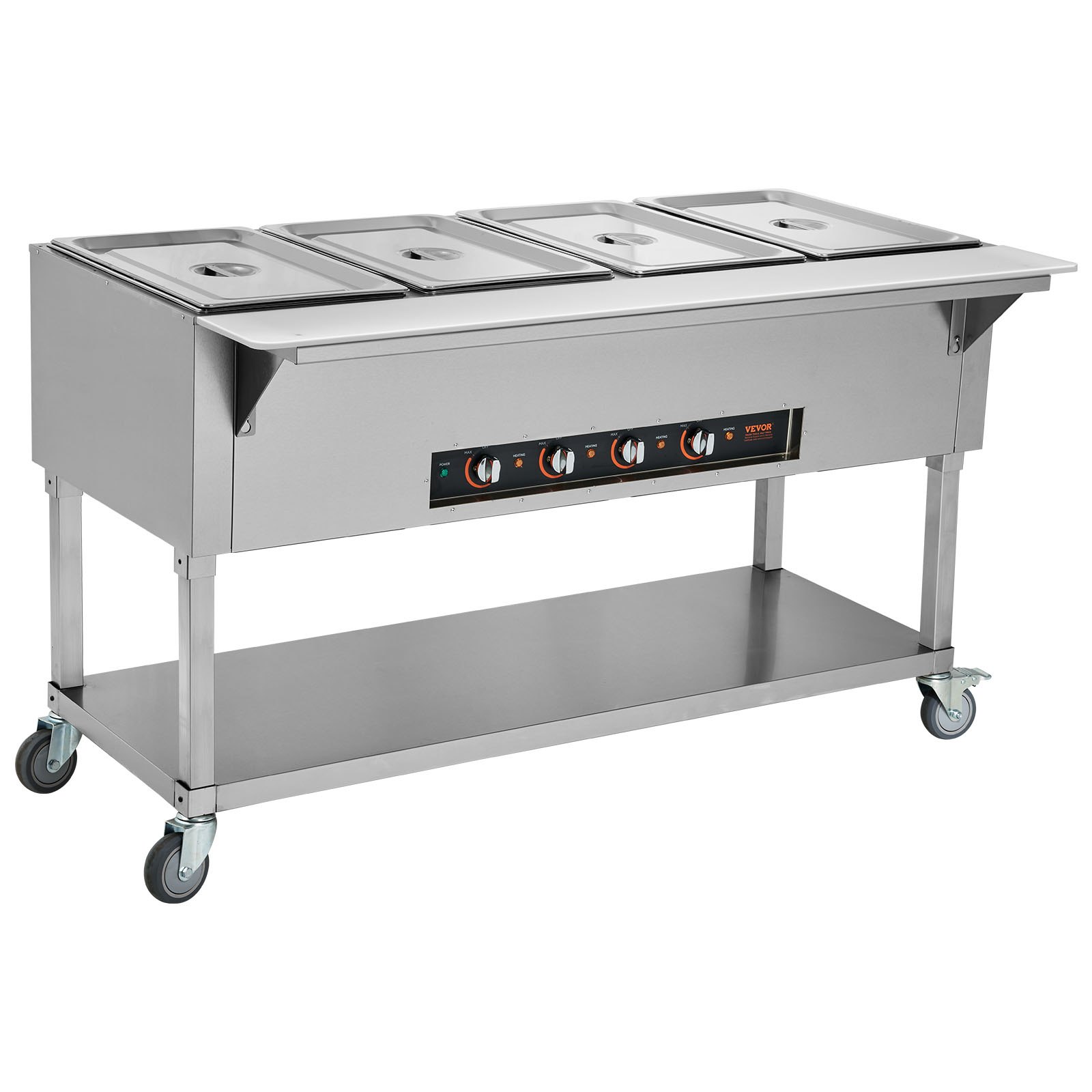 VEVOR Calentador de alimentos comercial de 4 bandejas, mesa de vapor eléctrica de 4 x 20.6 qt, calentador de alimentos profesional de 2000 W para catering y bufé con 4 ruedas (2 con cerradura), servidor de acero inoxidable de grado alimenticio para fiestas y restaurantes.