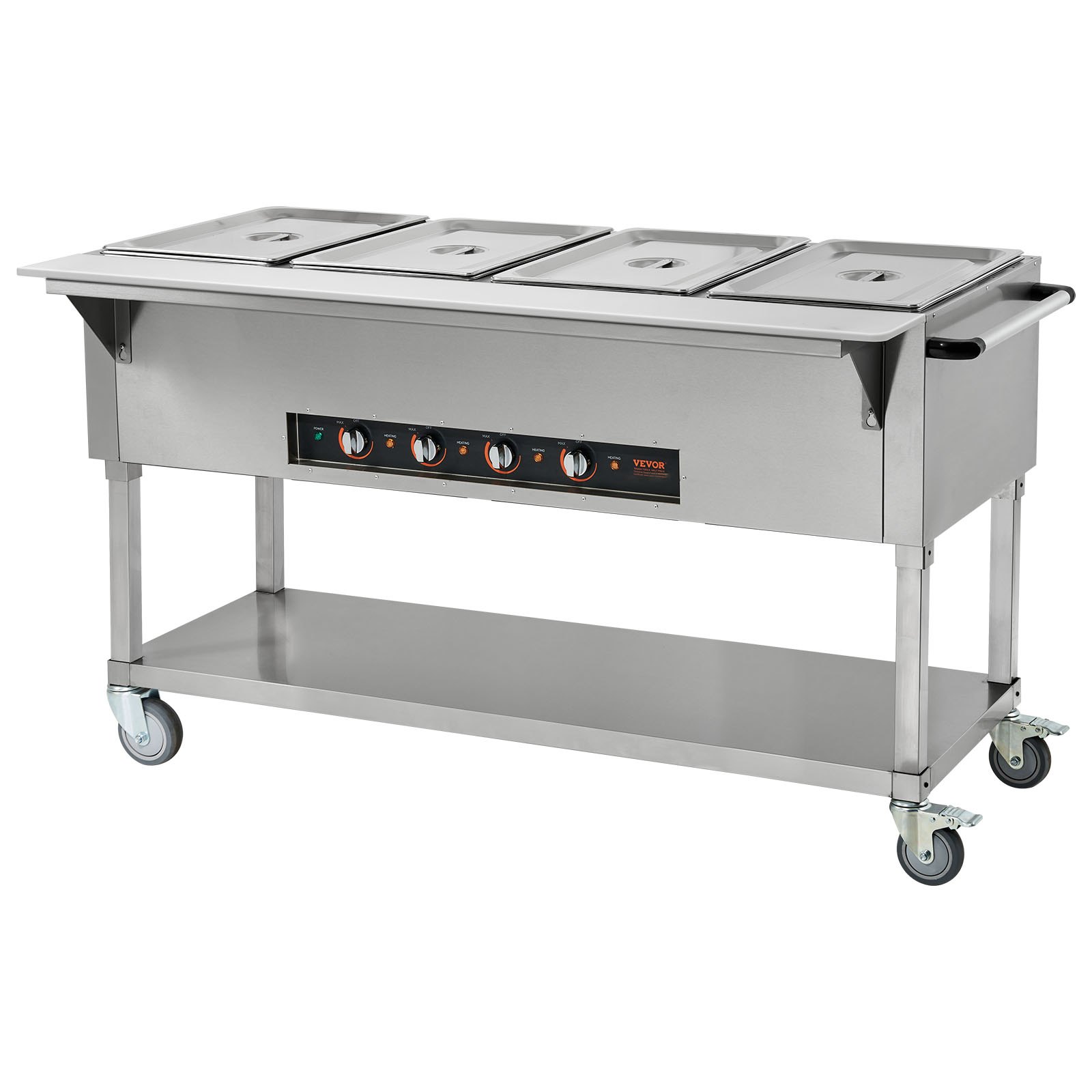 VEVOR Calentador de alimentos comercial de 4 bandejas, mesa de vapor eléctrica de 4 x 20.6 qt, calentador de alimentos profesional de 2000 W para catering y bufé con 4 ruedas (2 con cerradura), servidor de acero inoxidable de grado alimenticio para fiestas y restaurantes.