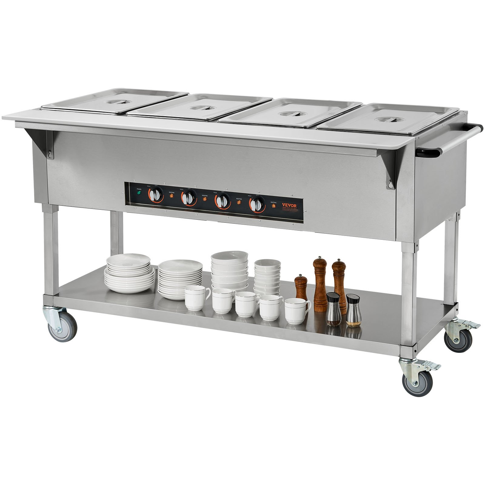 VEVOR Calentador de alimentos comercial de 4 bandejas, mesa de vapor eléctrica de 4 x 20.6 qt, calentador de alimentos profesional de 2000 W para catering y bufé con 4 ruedas (2 con cerradura), servidor de acero inoxidable de grado alimenticio para fiestas y restaurantes.