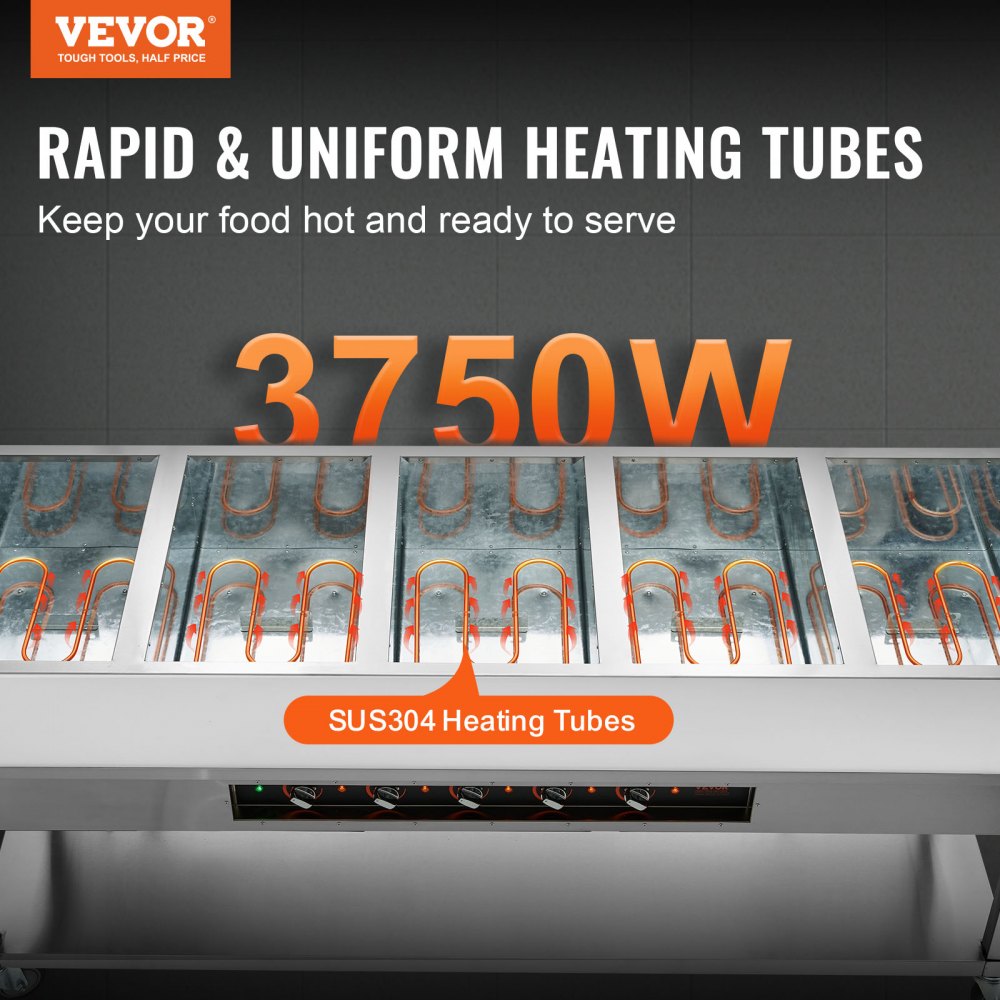 Calentador de alimentos comercial VEVOR de 5 bandejas, mesa de vapor eléctrica de 5 x 20.6 cuartos, 3750 W, calentador de alimentos profesional para bufés y catering con 4 ruedas (2 con freno), servidor de acero inoxidable de grado alimenticio para restaurantes y fiestas.