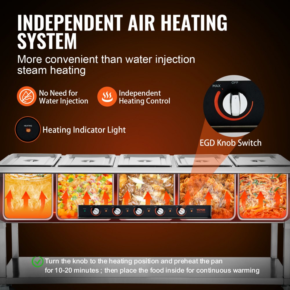 Calentador de alimentos comercial VEVOR de 5 bandejas, mesa de vapor eléctrica de 5 x 20.6 cuartos, 3750 W, calentador de alimentos profesional para bufés y catering con 4 ruedas (2 con freno), servidor de acero inoxidable de grado alimenticio para restaurantes y fiestas.
