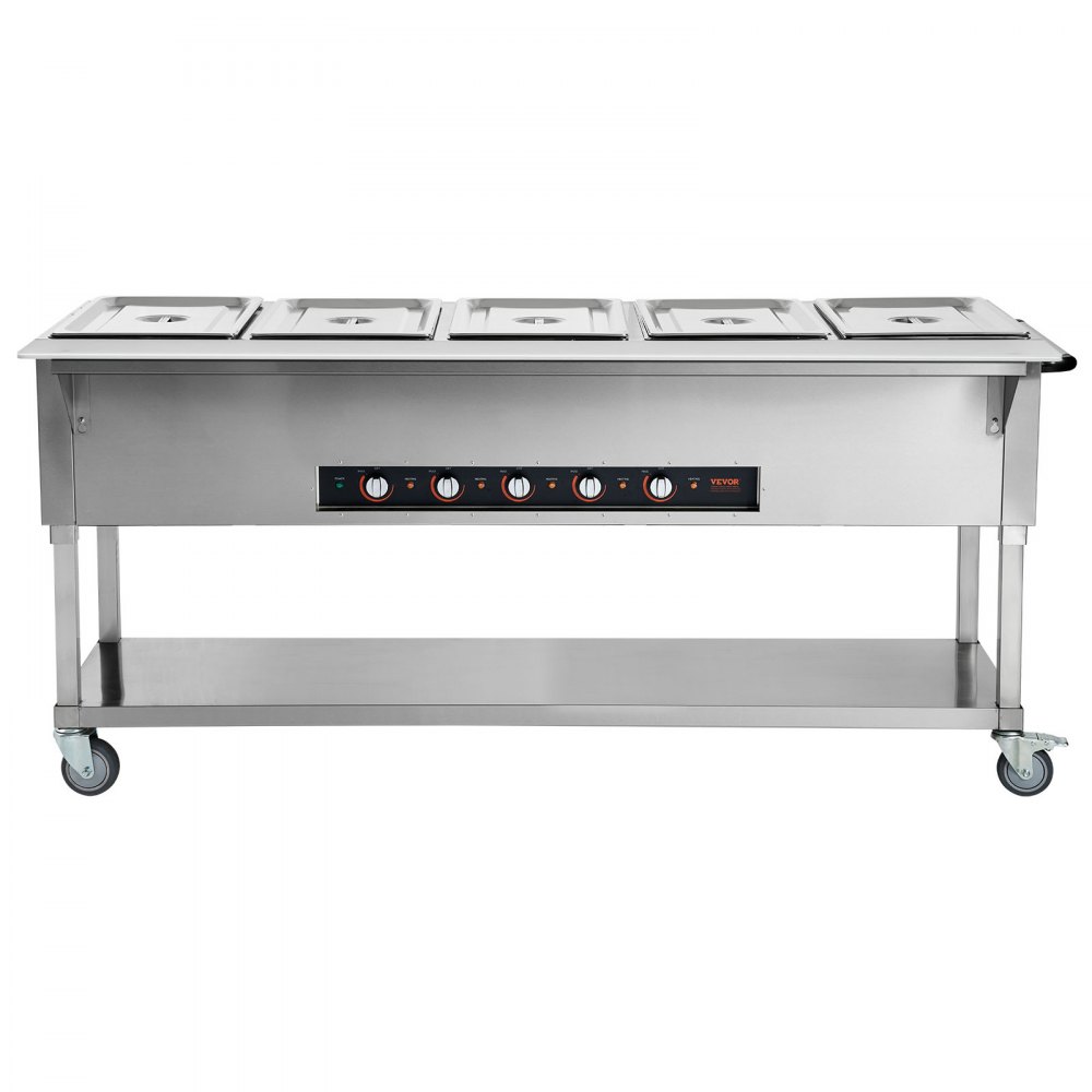 Calentador de alimentos comercial VEVOR de 5 bandejas, mesa de vapor eléctrica de 5 x 20.6 cuartos, 3750 W, calentador de alimentos profesional para bufés y catering con 4 ruedas (2 con freno), servidor de acero inoxidable de grado alimenticio para restaurantes y fiestas.