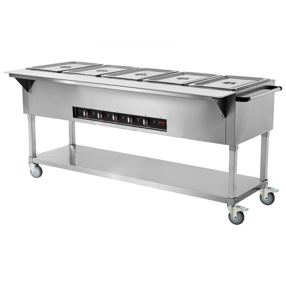 Calentador de alimentos comercial VEVOR de 5 bandejas, mesa de vapor eléctrica de 5 x 20.6 cuartos, 3750 W, calentador de alimentos profesional para bufés y catering con 4 ruedas (2 con freno), servidor de acero inoxidable de grado alimenticio para restaurantes y fiestas.