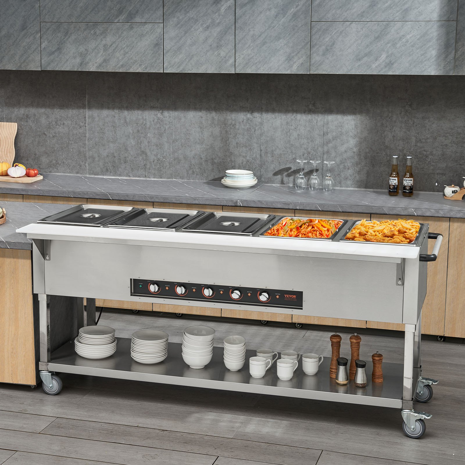 Calentador de alimentos comercial VEVOR de 5 bandejas, mesa de vapor eléctrica de 5 x 20.6 cuartos, 3750 W, calentador de alimentos profesional para bufés y catering con 4 ruedas (2 con freno), servidor de acero inoxidable de grado alimenticio para restaurantes y fiestas.