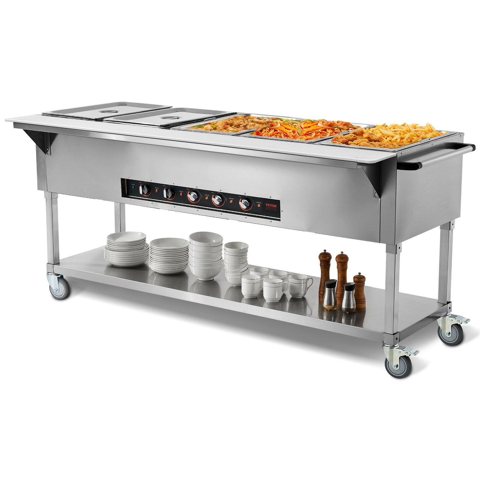 Calentador de alimentos comercial VEVOR de 5 bandejas, mesa de vapor eléctrica de 5 x 20.6 cuartos, 3750 W, calentador de alimentos profesional para bufés y catering con 4 ruedas (2 con freno), servidor de acero inoxidable de grado alimenticio para restaurantes y fiestas.